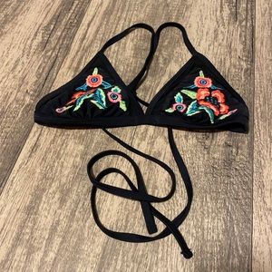 Black Embroidered Floral Triangle Bikini Top